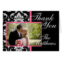 Monogram Pink Damask Wedding Photo Thank You Card