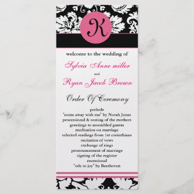 monogram pink damask Wedding program Rack Card Template