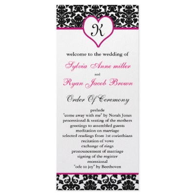 monogram pink damask Wedding program Rack Card Design