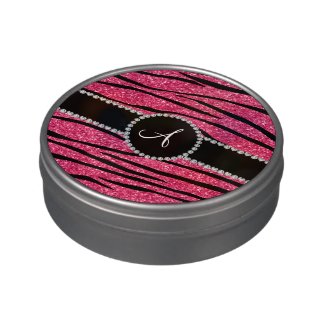 Monogram pink glitter zebra stripes circle jelly belly tin