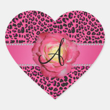 Monogram pink leopard pink rose heart sticker