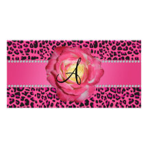 Monogram pink leopard pink rose photo card template