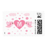 Monogram Pink Love Birds Heart Postage