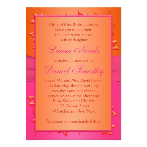 Monogram Pink, Orange Floral Joined Hearts Invite
