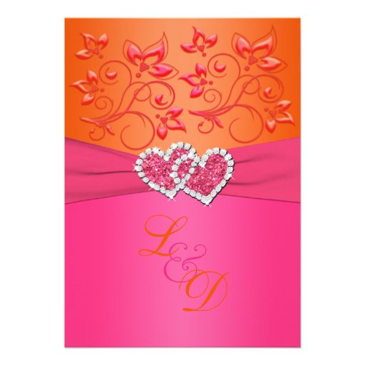 Monogram Pink, Orange Floral Joined Hearts Invite