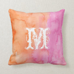 Monogram Pink Orange Initial Watercolor Pillow