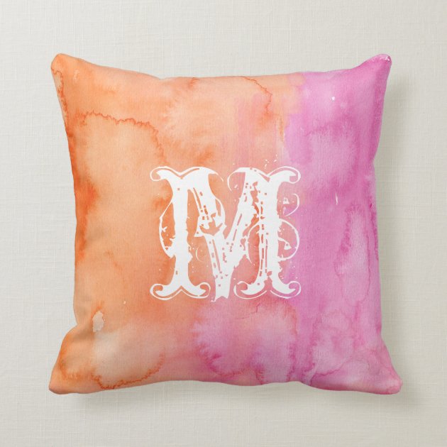 Monogram Pink Orange Initial Watercolor Pillow