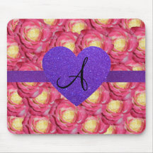Monogram pink rose purple glitter heart mousepads