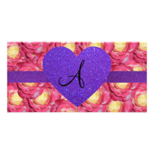 Monogram pink rose purple glitter heart photo card