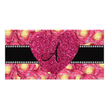 Monogram pink roses pink heart custom photo card