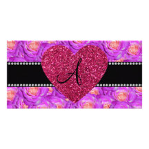 Monogram pink roses pink heart customized photo card