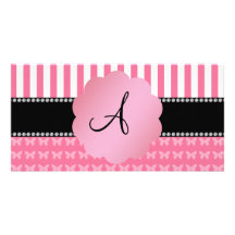 Monogram pink stripes pink butterflies photo card