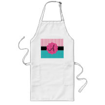Monogram pink stripes turquoise diamonds aprons