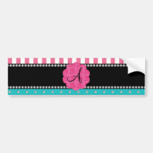 Monogram pink stripes turquoise diamonds bumper sticker