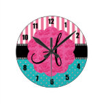 Monogram pink stripes turquoise diamonds clocks
