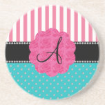 Monogram pink stripes turquoise diamonds beverage coasters