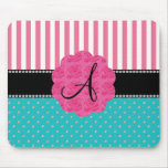 Monogram pink stripes turquoise diamonds mouse pad