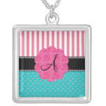 Monogram pink stripes turquoise diamonds necklace