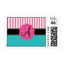 Monogram pink stripes turquoise diamonds postage