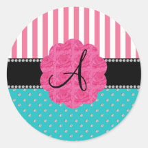 Monogram pink stripes turquoise diamonds round stickers