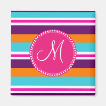 Monogram Pink Teal Orange Purple Striped Pattern Fridge Magnet