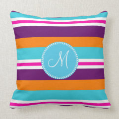 Monogram Pink Teal Orange Purple Striped Pattern Throw Pillow