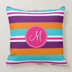 Monogram Pink Teal Orange Purple Striped Pattern Throw Pillows