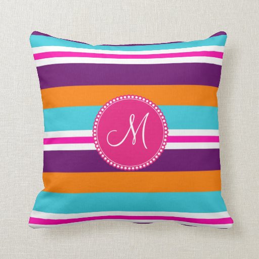 Monogram Pink Teal Orange Purple Striped Pattern Throw Pillows Zazzle