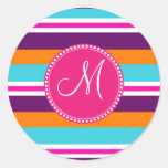 Monogram Pink Teal Orange Purple Striped Pattern Round Stickers