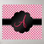 Monogram pink white polka dots poster