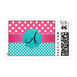 Monogram polka dots diamonds pink postage stamp