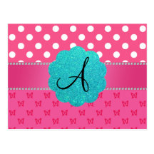 Monogram polka dots pink butterflies postcards