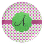 Monogram polka dots pink green party plate