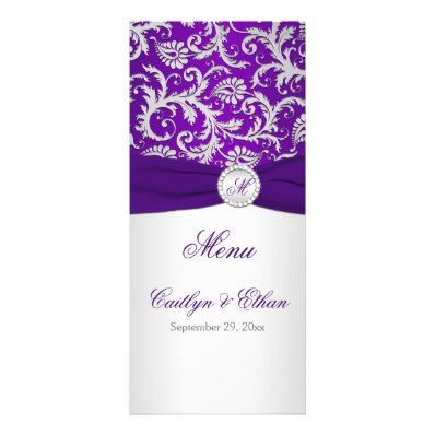 Monogram Purple and Silver Damask Menu Card Full Color Rack Card