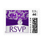 Monogram Purple and Silver Damask RSVP Postage