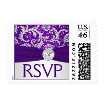 Monogram Purple and Silver Damask RSVP Postage