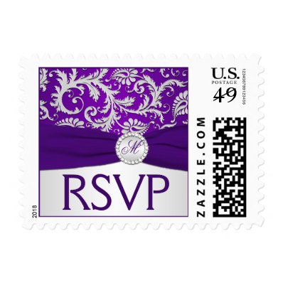 Monogram Purple and Silver Damask RSVP Postage