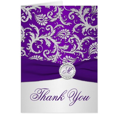 Monogram Purple and Silver Damask Thank You Card Card