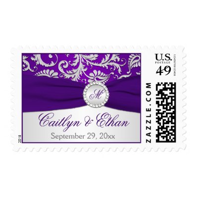 Monogram Purple and Silver Damask Wedding Postage