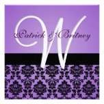 Monogram Purple & Black Damask Wedding Invitations
