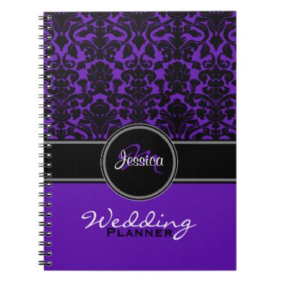 Monogram Purple Black White Damask Wedding Planner Spiral Notebook