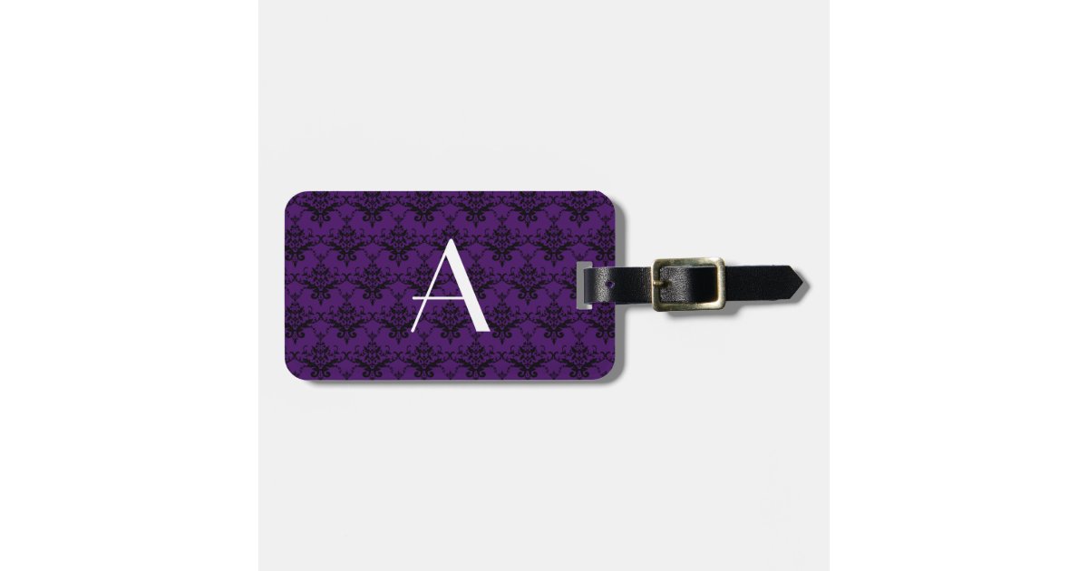 Monogram purple damask bag tag Zazzle