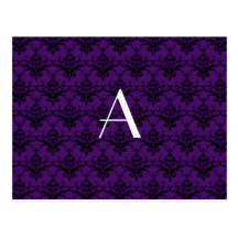 Monogram purple damask post card