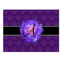 Monogram purple damask purple rose postcards