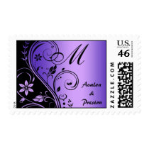 Monogram Purple Flower Scrollwork Wedding Postage Stamps