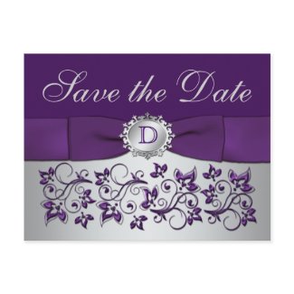 Monogram Purple Gray Floral Save the Date Postcard