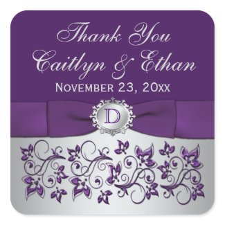 Monogram Purple Gray Floral Wedding Favor Sticker
