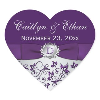 Monogram Purple Gray Floral Wedding Favor Sticker