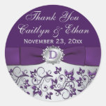 Monogram Purple Gray Floral Wedding Favor Sticker