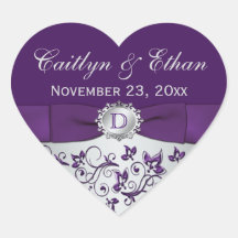 Monogram Purple Gray Floral Wedding Favor Sticker